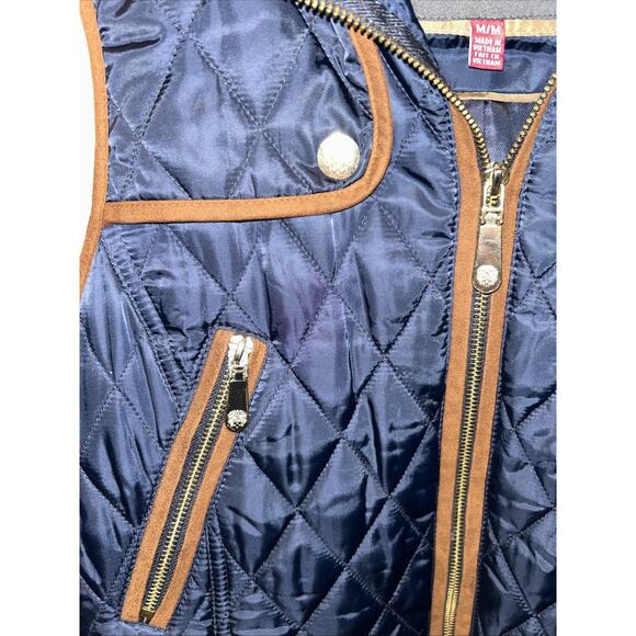 Vince Camuto Quilted Puffer Vest Womens Medium Navy With Brown Suede Trim Chore - Picture 8 of 13